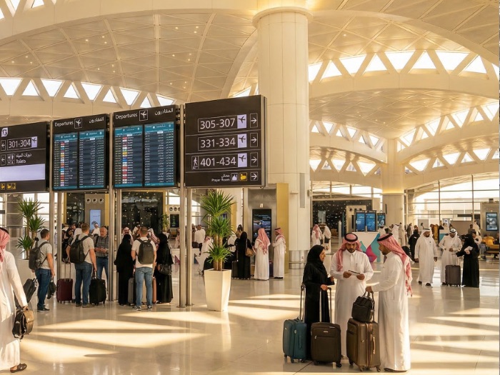 Busy international airport terminal in Saudi Arabia at King Khalid International Airport Riyadh RUH with passengers gathering around in groups, checking their departure times, and waiting to depart, representing premium airport fast track, VIP meet and assist services, and Altanfeethi.VIP elite airport concierge assistance for travelers.