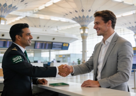 VIP airport meet and assist concierge greeting a traveler at an airport service counter inside a Saudi Arabia international terminal as part of Altanfeethi VIP Executive fast track airport concierge service.