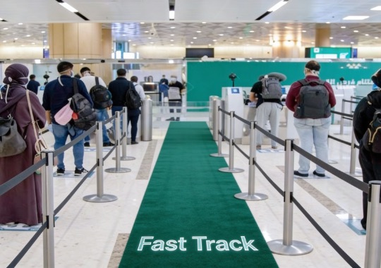 Airport travelers walking through a dedicated Fast Track priority lane inside a Saudi Arabia international airport terminal, representing Altanfeethi VIP meet and assist airport concierge service with expedited immigration and security processing.